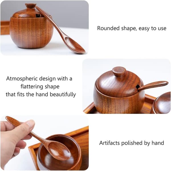 Natural Solid Wood Spice Jar Set with Wooden Base Large Spice Jar Salt Box Pepper Container Sugar Bowl with Spoon and Lid for Storage