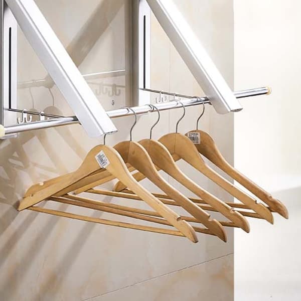 Adjustable Clothes Rack - Wall Mounted Foldable Clothes Hanger Drying Rack for Laundry Room Storage Organization, Aluminum, 2 Bars with Rod
