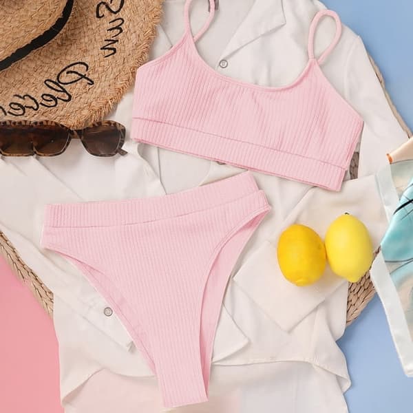 Kvinner Høy Midje Ribbet Cami Bikini Sett Rosa M-US8 Rosa M