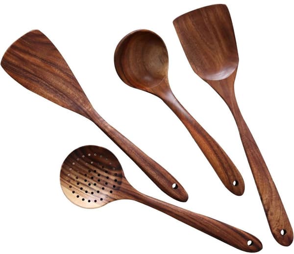 Teak Kitchen Utensil Set, 4-Piece Solid Wood Spatula, Soup Ladle, and Slotted Spoon, Safe for Nonstick Pans Kitchen Use, Brown