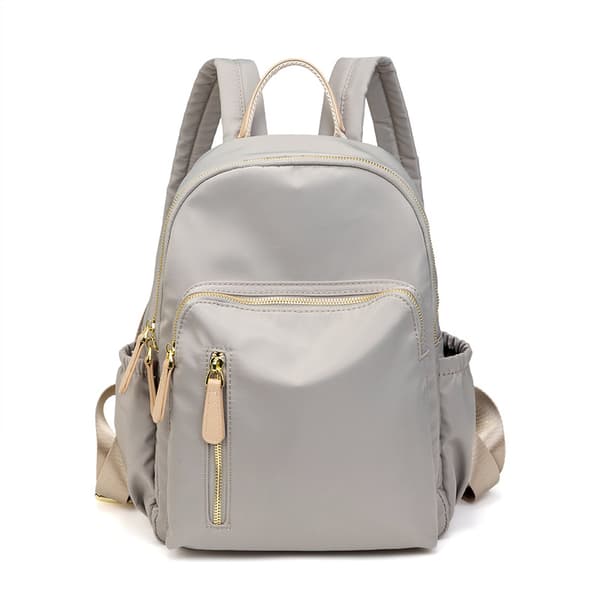 Light Grey Water-Resistant Nylon Backpack with Gold-Tone Zippers Faux Leather Top Handle Multiple Zippered Compartments and Side Pockets