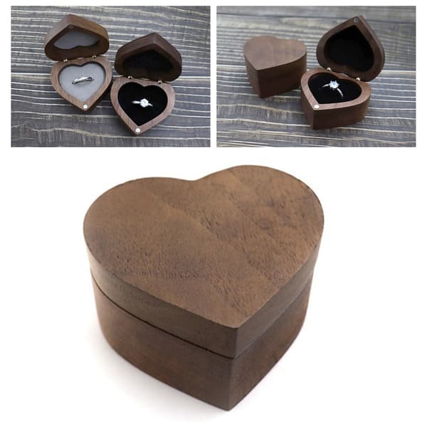 Heart-shaped Wooden Ring Box Black Soft Lining Smooth Surface Compact Size Portable Magnetic For Wedding