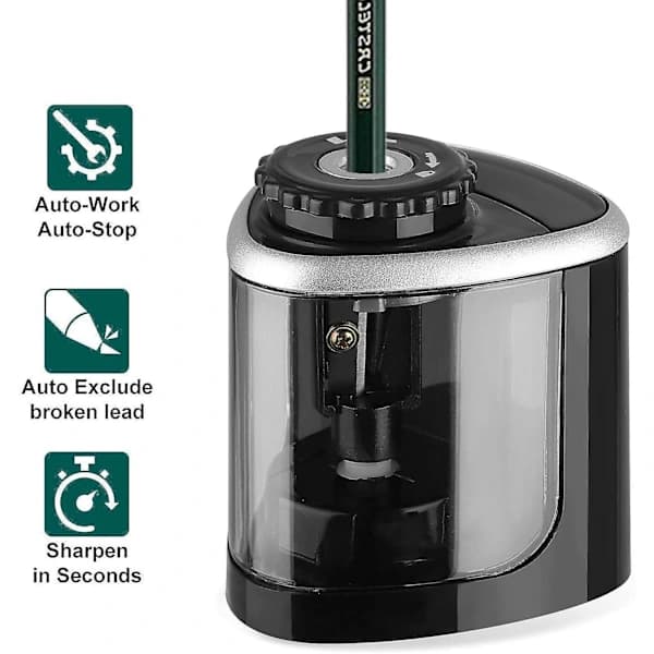 Electric Pencil Sharpener, Child-Safe Battery Operated Automatic Cordless Sharpener for School, Home, Office, Classroom, Black