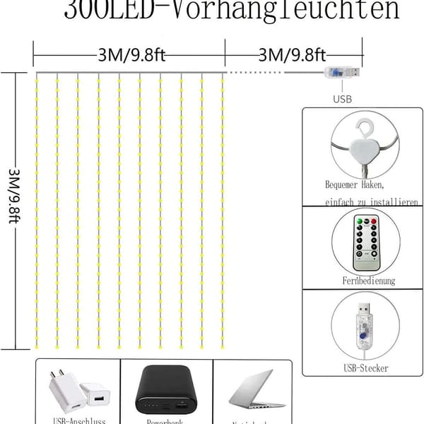 Lysgardin 3m x 3m, 300 LED 8 moduser Fjernkontroll Timer Justerbar KLB