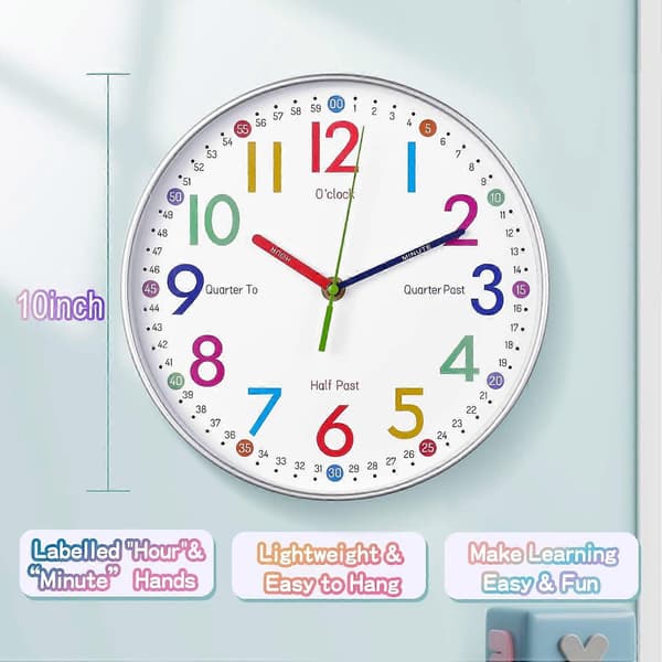 Kids Wall Clock - Children's Learning Clock - Educational Wall Clock for Kids, Analog Time Teacher with Exercises, to Help Children Read the Time