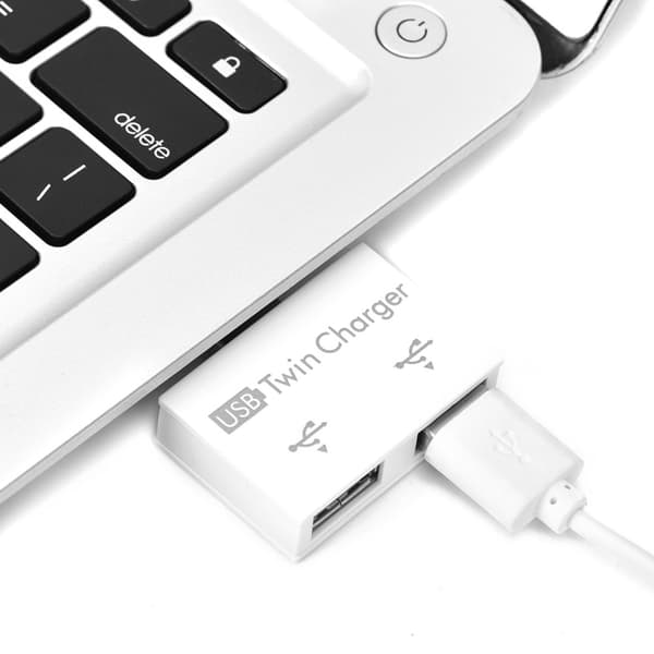 USB2.0 han til 2-ports USB dobbelt oplader splitter adapter konverter hub (hvid)