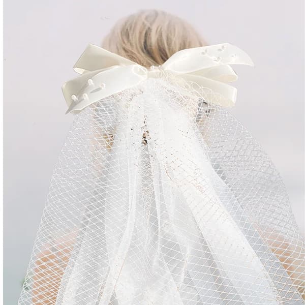 White Bow Double Layer Wedding Veil with Clip Wedding Bridal S Style1 KLB