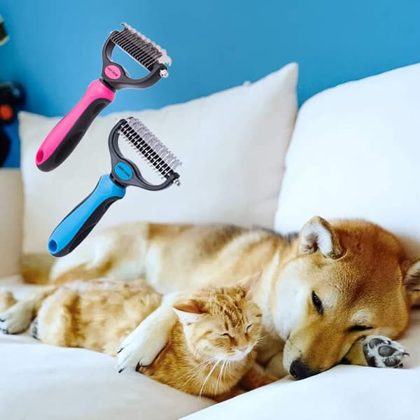 Pet Grooming Tool Blue - 2-Sided Undercoat Rake for Dogs & Cats - Safe