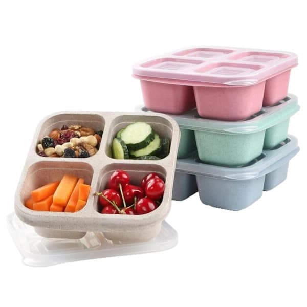 4-pack Bento Lunch Boxes with 4 Compartments, Stackable Easy-Open Food Containers for Kids and Adults, Green Blue Pink White