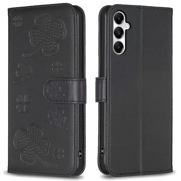 For Samsung Galaxy A56 Case Clover Pattern Wallet Stand View Leather Phone Cover - Black
