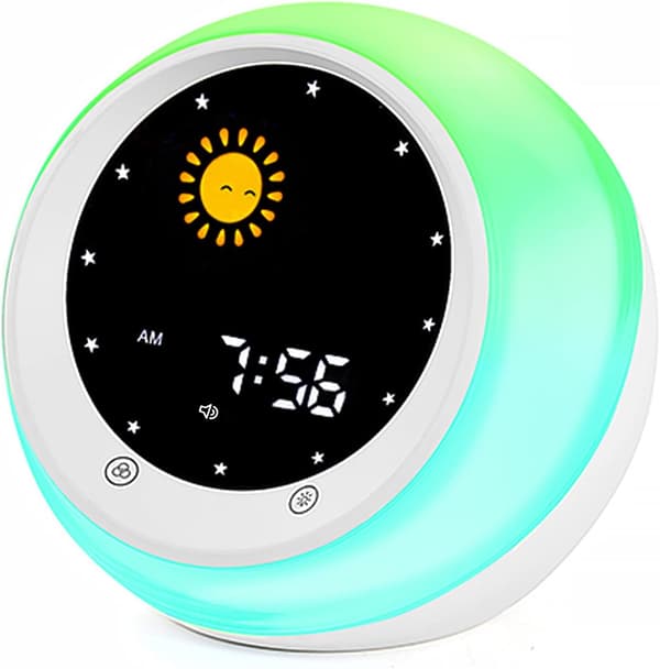 Børneur, søvntræningsur til børn, med mån- og solskærm, natlampe, alarm og integreret søvnfremmende lyd