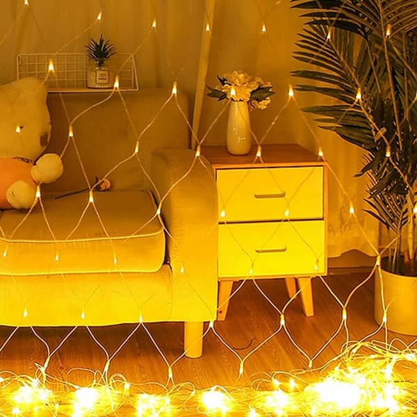 96 LED Net Lights 1.5 x 1.5 M, 8 Modes Warm Light String Net Lights, Indoor and Outdoor String Lights, Waterproof Mesh Light Curtain for Party, KLB