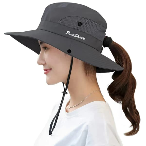 Women's Sun Hat UV Foldable Mesh Wide Brim Beach Adjustable Fishing Hat, Grey grey 34*34*10cm