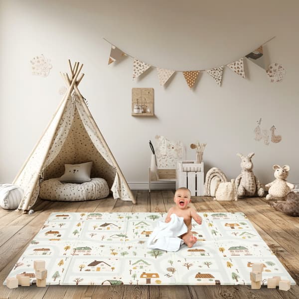Double-sided foldable foam mat 180 x 120 x 1 cm - Charming Town/Sand Beige-FX- Charming Town
