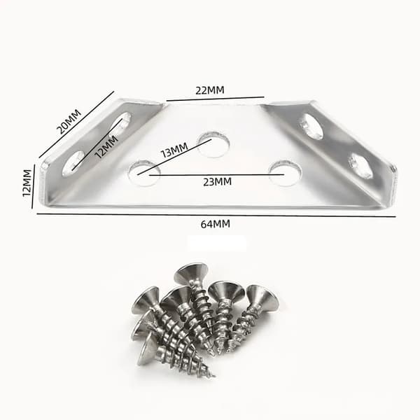 Universal furniture angle connectors, stainless steel, triangular support for shelf, cabinet, table, chair, 10-pack with screws