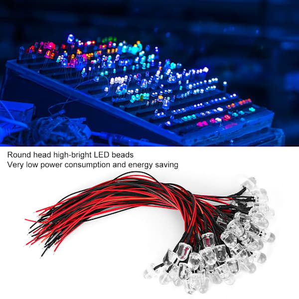 50 kpl LED-diodeja kaapeleilla, 12V, 10 mm pyöreä, punainen