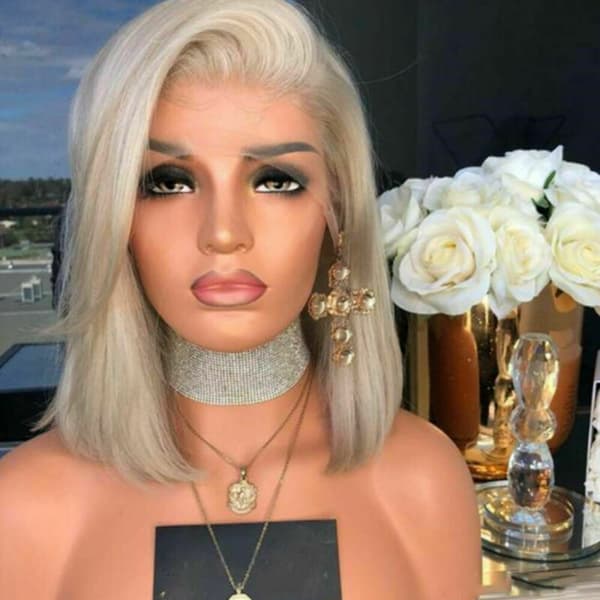 Kvinnor Kort Bob Peruk Front Spets Blond Rakt Syntethår Full Peruk Guld Glod