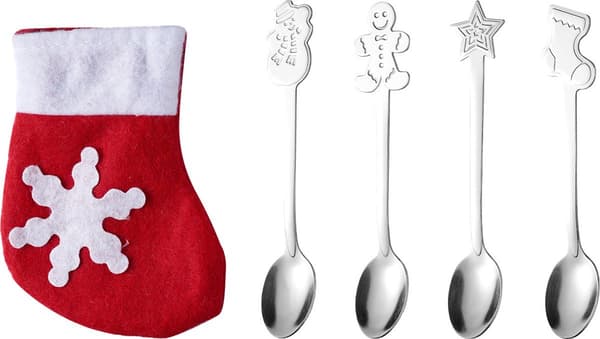 Rostfri dessertsked, 4 delar med liten julstrumpa, julbestickspresent
