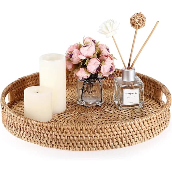 Round Woven Rattan Serving Tray with Handles for Coffee, Drinks, Breakfast, Tea, Candles