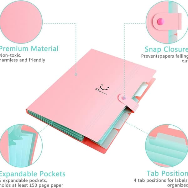 Expanderbar bärbar mapp, expanderbar mapp, A4-dokumentmapp, 5 fack