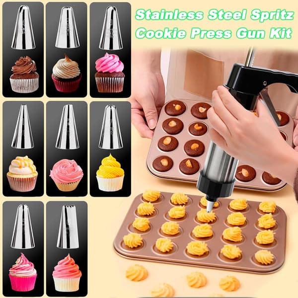 KeksPress-Set, Rostfritt stål kakpresspistol med 8 spritstyllar och 13 kakformar för DIY