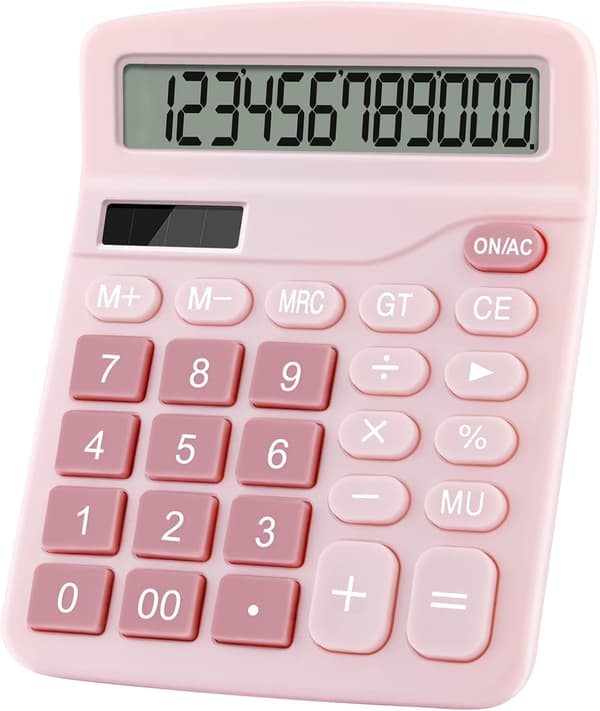 Large 12-Digit Dual Power Basic Desktop Calculator, Solar and Battery Powered