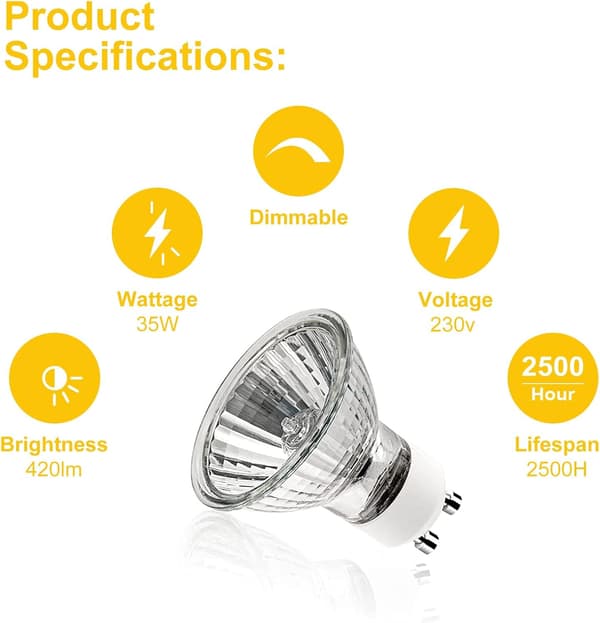 GU10 35W Light Bulbs, GU10 Halogen Light Bulbs, AC 230V 35W Spotlight, 2700K Dimmable Warm White, 6-pack