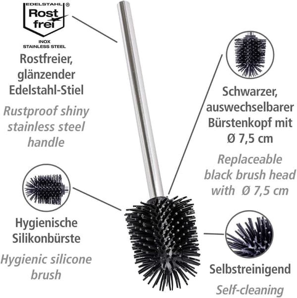 7,5 x 35 x 7,5 cm, Silikonbørste med håndtak i rustfritt stål - Toalettbørste med silikonerstatningshode, Rustfritt stål, Blank