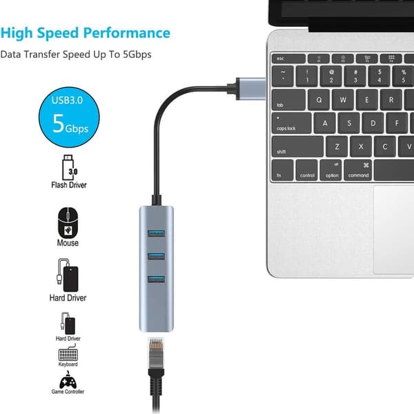 USB 3.0 til Ethernet-adapter, 3-ports USB 3.0-hub med RJ45