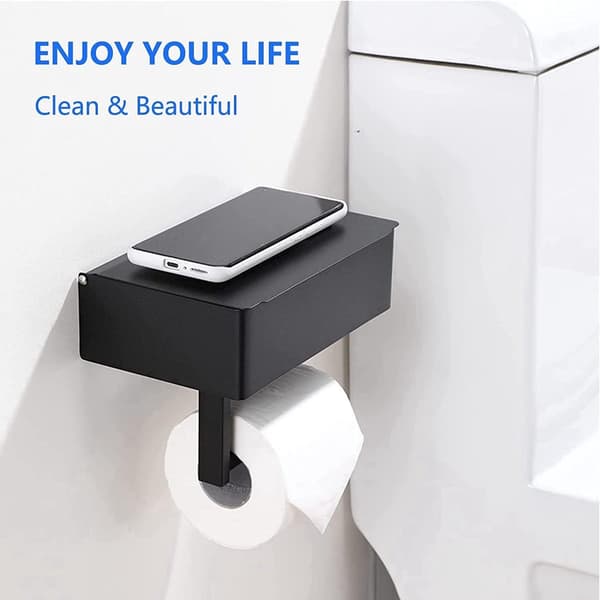 Wall Mounted Toilet Paper Holder with Storage Shelf, Black, Self-Adhesive or Drilling