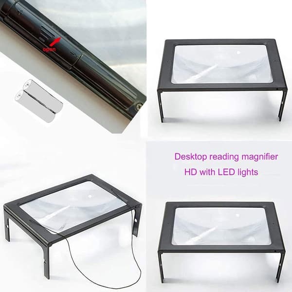 Bordforstørrelsesglas med 4 LED-lys, 3x foldbart, til synshandicappede, 27,5x20,5x10,5cm