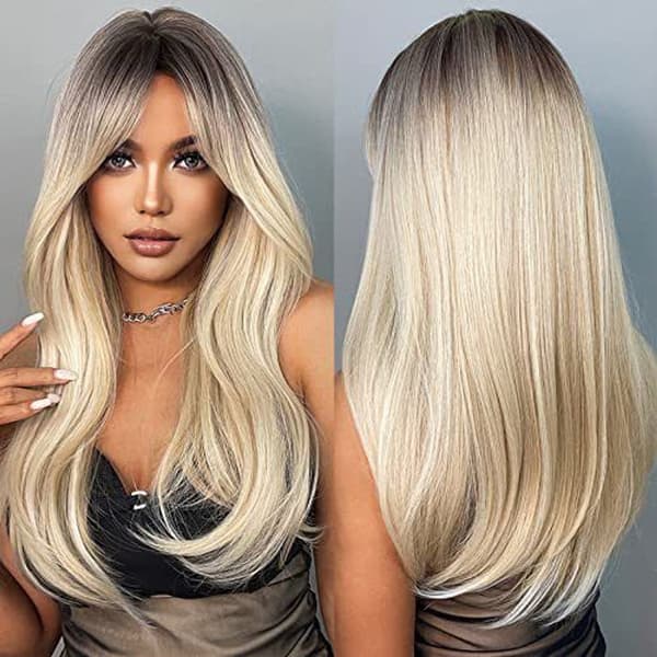 Long Wavy High Gloss Wig with Bangs for Ladies