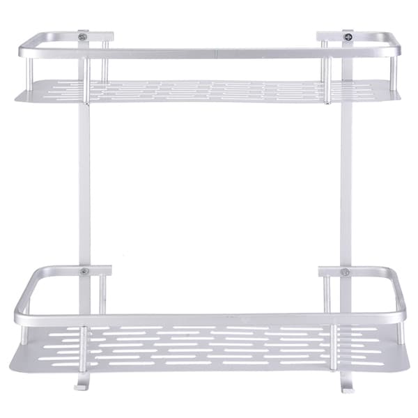 Double Layer Aluminum Wall Mounted Storage Shelf with 2 Hanging Hooks Bathroom
