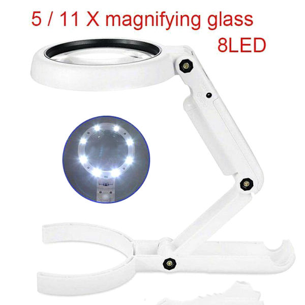5/11X Magnifying Glass With 8 LED Lights Foldable Stand Table Magnifying Tool