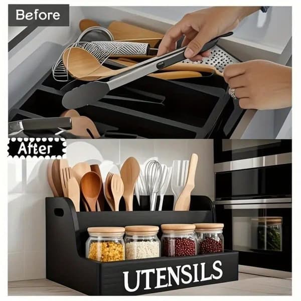 Kitchen Storage Shelf in Wood – Tabletop Organizer & Cutlery Box with 4 Compartments and Lid
