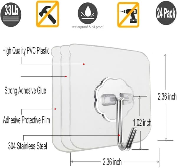 Self-adhesive hooks, 24-pack transparent, waterproof for keys, bathroom, kitchen & door