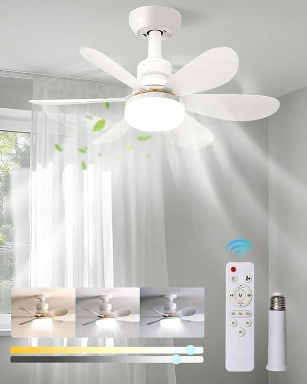 E27 Ceiling Fan with Lamp & Remote Control – Silent Fan, 3-Color Dimmable LED for Bedroom/Kitchen