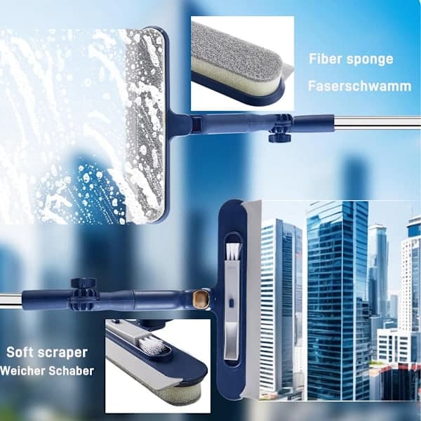 2-in-1 Extendable Window Cleaner – 120 cm Telescopic Squeegee & Scrubber, Rotating Head for Windows, Mirrors & Showers – Blue