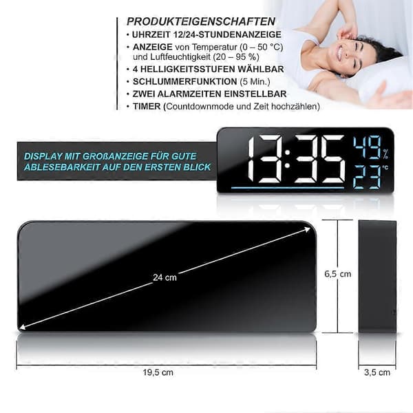 Digital LED-väckarklocka - Stor 24 cm LED-färgdisplay - Temperaturvisning, luftfuktighet och tid