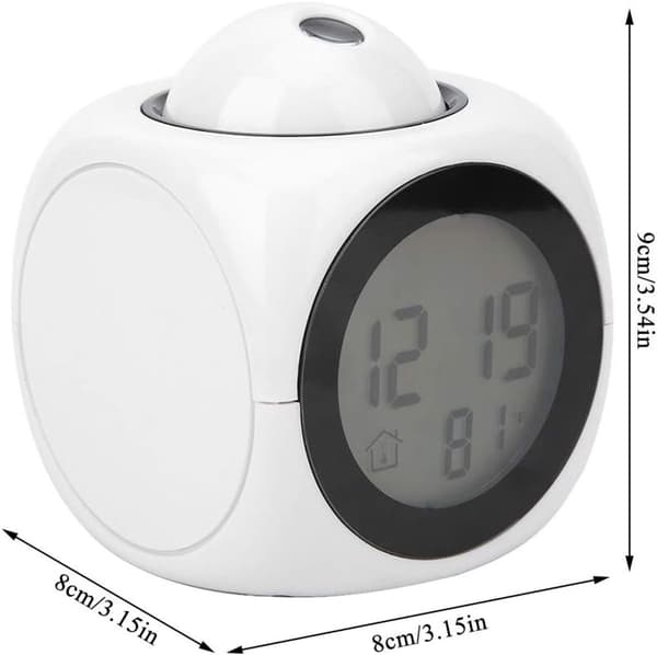 Digital Projection Alarm Clock with Ceiling Display, Voice Announcements, Temperature Display, Battery Operated, White