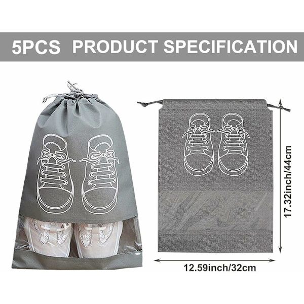 5-pack Large Dustproof Shoe Bags with Drawstring and Transparent Windows