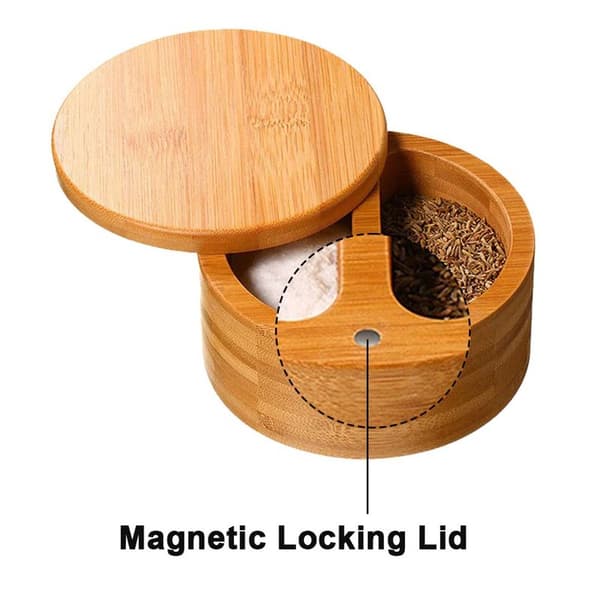 Premium Bamboo Salt Cellar, Salt Box with Magnetic Swivel Lid