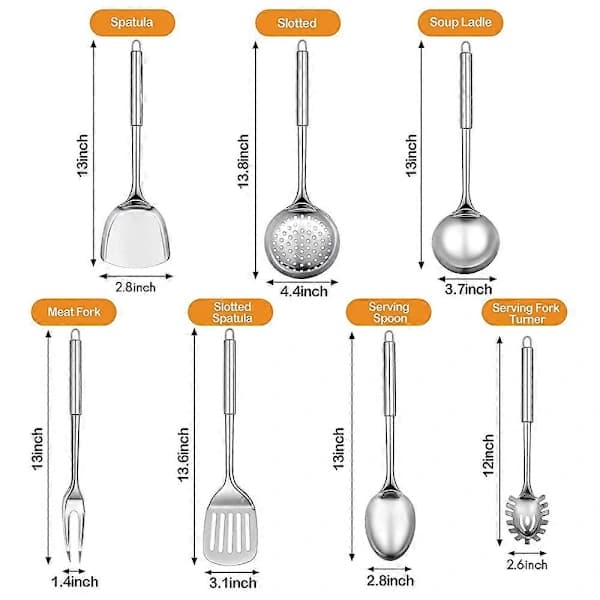 7-piece Stainless Steel Kitchen Utensil Set, Cooking Utensil Set, Includes Slotted Spoon, Soup Ladle, Silver