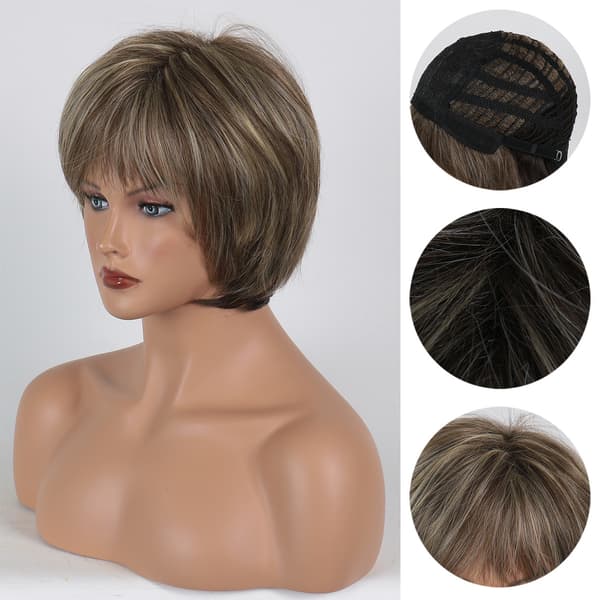 Short Golden Gradient Wig with Dark Brown Bangs Mixed with Blonde, Pixie Cut Synthetic Fiber Women's Wig