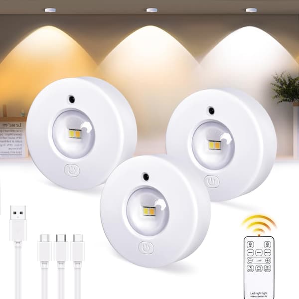 Under Cabinet Kitchen Lighting Rechargeable Wireless Puck Lights with Remote, 3 Color Temperatures Battery Operated LED Dimmable Push Lights Round Sticks