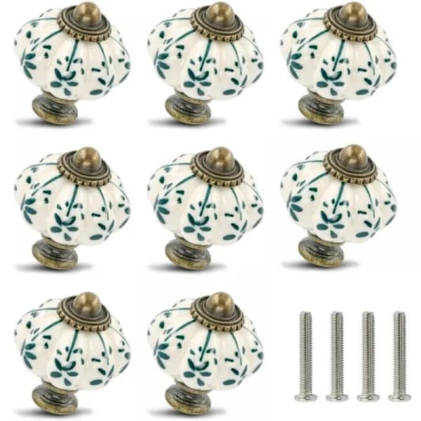 8-pack Ivory & Green Ceramic Cabinet Knobs - Retro Dresser Drawer Pulls