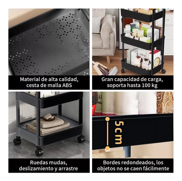 Multifunctional Storage Trolley, 3 Tiers, on Wheels, 360°, Black KLB