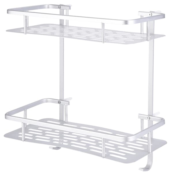Double Layer Aluminum Wall Mounted Storage Shelf with 2 Hanging Hooks Bathroom