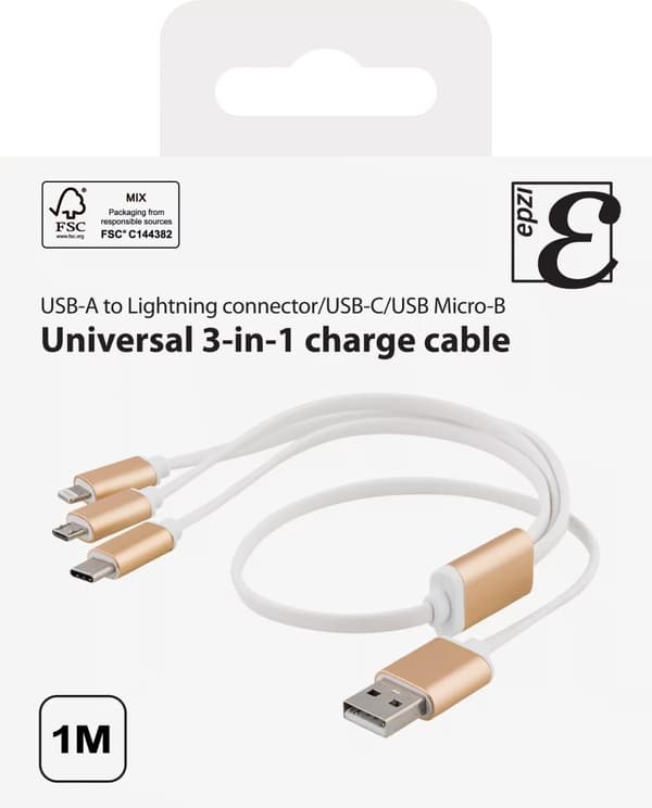 EPZI Monilaturi, USB-C, Lightning, Micro USB, USB-A, 1m, valkoinen