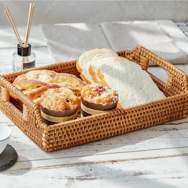 Rattan Serving Tray with Handles, Hand-Woven Rectangular Breakfast, Snack, and Drink Tray for Home and Bar, 34 cm